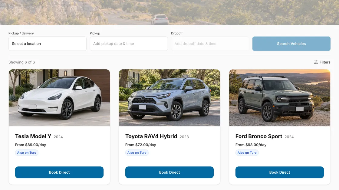 Rev Rentals, a demo host’s booking site on RevHost: the date search and the first row of cars, each with a photo and a Book Direct button.